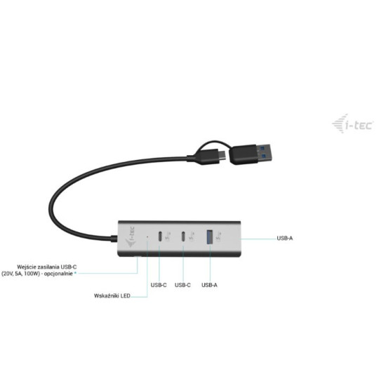 Uniwersalny metalowy ładujący HUB 2xUSB-C/2xUSB-A PD 85W 