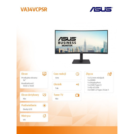 Monitor VA34VCPSR 34 cale WQHD USB-C RJ45 1500R 21:9