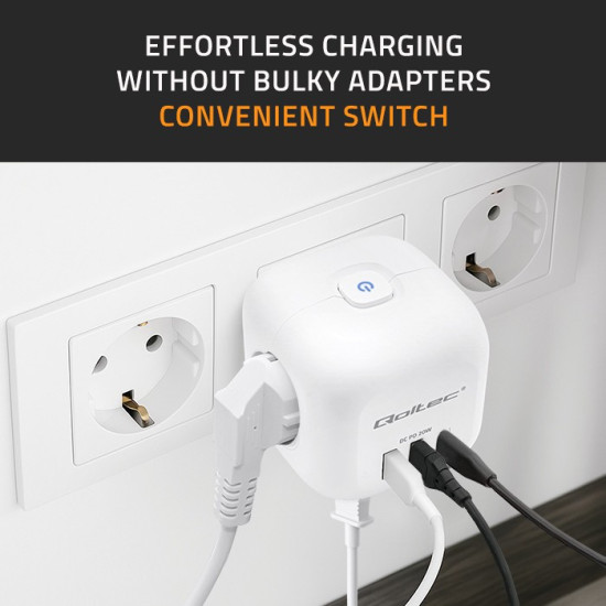 Kostka zasilająca przedłużacz 6w1 z podświetlanym włącznikiem | 3x AC | 2x USB | 1x USB-C PD 20W | biała