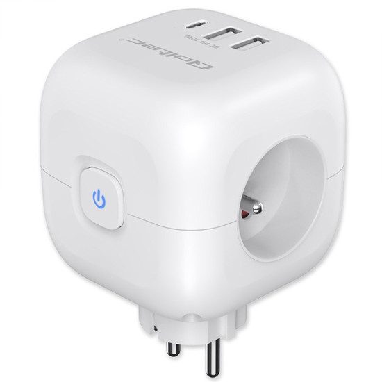 Kostka zasilająca przedłużacz 6w1 z podświetlanym włącznikiem | 3x AC | 2x USB | 1x USB-C PD 20W | biała