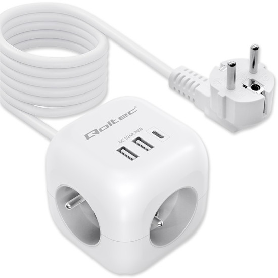 Kostka zasilająca przedłużacz 6w1 z podświetlanym włącznikiem |  3x AC | 2x USB | 1x USB-C PD 20W | biała | kabel 2m 