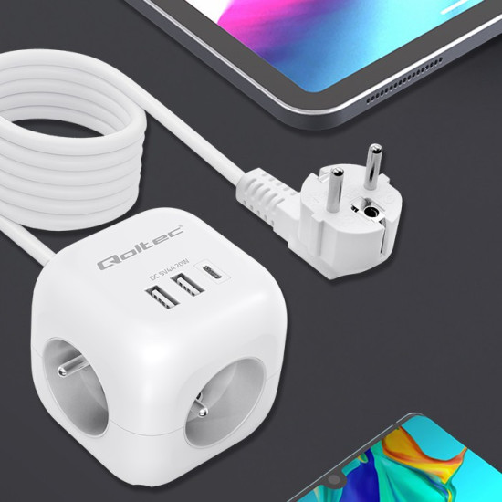 Kostka zasilająca przedłużacz 6w1 z podświetlanym włącznikiem |  3x AC | 2x USB | 1x USB-C PD 20W | biała | kabel 2m 