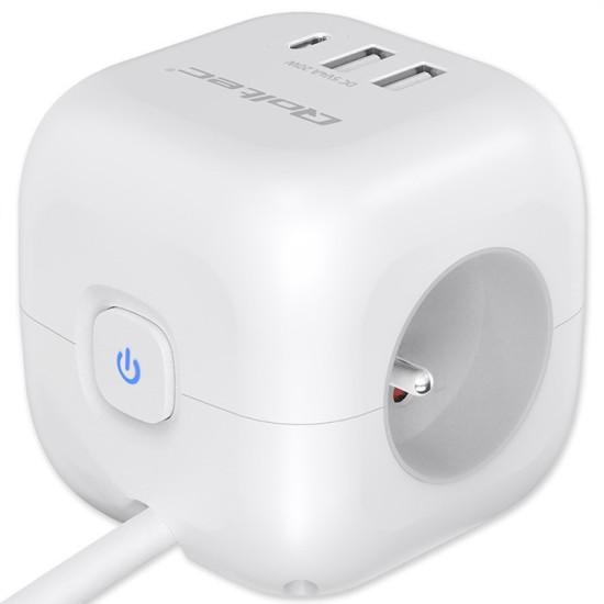 Kostka zasilająca przedłużacz 6w1 z podświetlanym włącznikiem |  3x AC | 2x USB | 1x USB-C PD 20W | biała | kabel 2m 