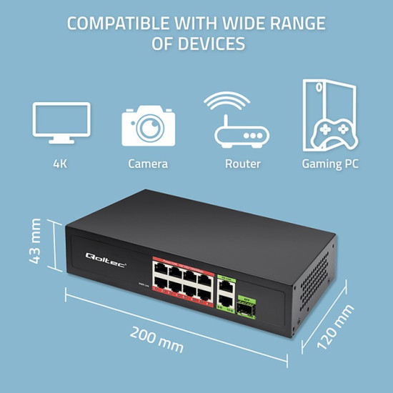 Przełącznik sieciowy SWITCH FAST Ethernet 8x RJ45 PoE 2x RJ45 Uplink 1x SFP | 120W | 1000Mb/s 
