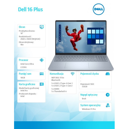 Laptop Dell 16 Plus DB16250 Win11Pro Ultra 7 256V/16GB/512GB SSD/16.0 2.5K/Arc/FgrPr/WLAN + BT/Backlit Kb/4 Cell/3Y ProSupport