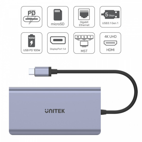 HUB USB-C 2x USB 3.1, HDMI 2.0, DP 1.4, RJ45, SD, PD 100W; D1056A 