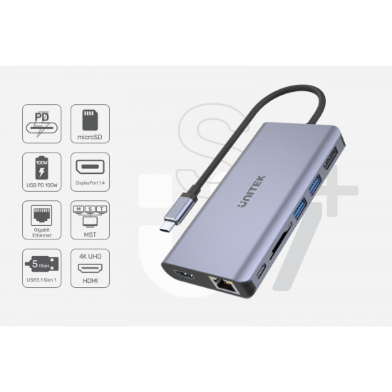 HUB USB-C 2x USB 3.1, HDMI 2.0, DP 1.4, RJ45, SD, PD 100W; D1056A 