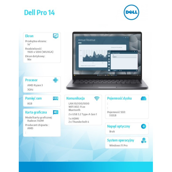 Laptop Dell Pro 14 PC14255/AMD Ryzen 3 210/8GB/512GB SSD CL25/14.0 FHD+/AMD Radeon 740M/FgrPr/Cam & Mic/WLAN + BT/Backlit Kb/3 Cell/W11Pro