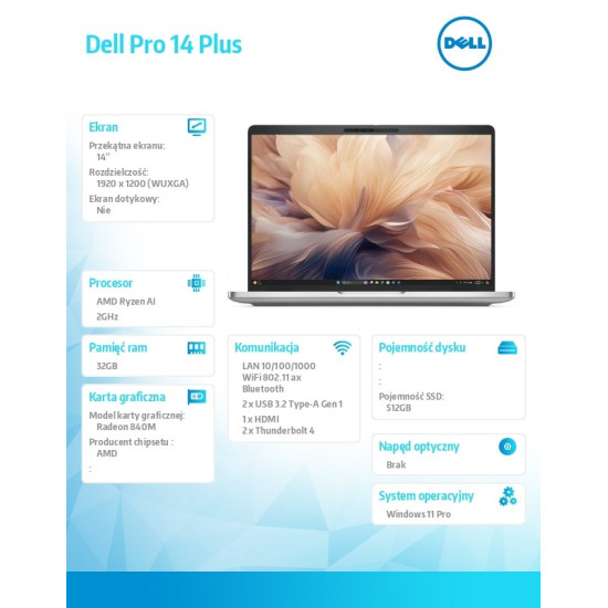 Laptop Dell Pro 14 Plus PB14255/Ryzen AI 5 PRO 340/32GB/512GB SSD Gen4 CL25/14.0 FHD+/Radeon 840M/FgrPr&SmtCd/FHD/IR Cam/Mic/WLAN+BT/Backlit Kb/3Cell/