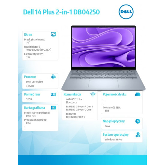 Laptop Dell 14 Plus 2-in-1 DB04250 Win11Pro Ultra 9 288V/32GB/1TB/14.0 FHD+ Touch/Arc/WLAN + BT/Backlit Kb/4 Cell/3Y ProSupport