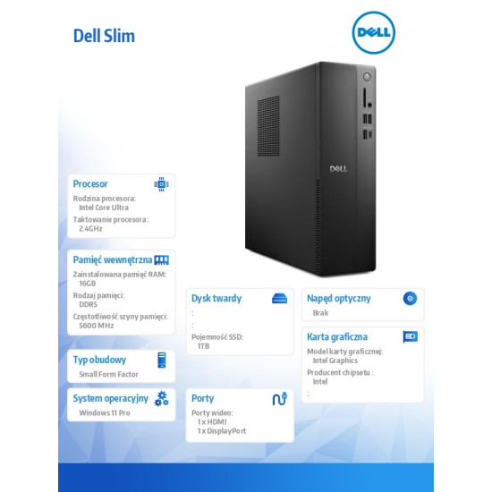 Komputer Dell Slim ECS1250 Win11Pro Ultra 7 265/16GB/1TB/Intel UHD/WLAN + BT/Kb/Mouse/3YPS 