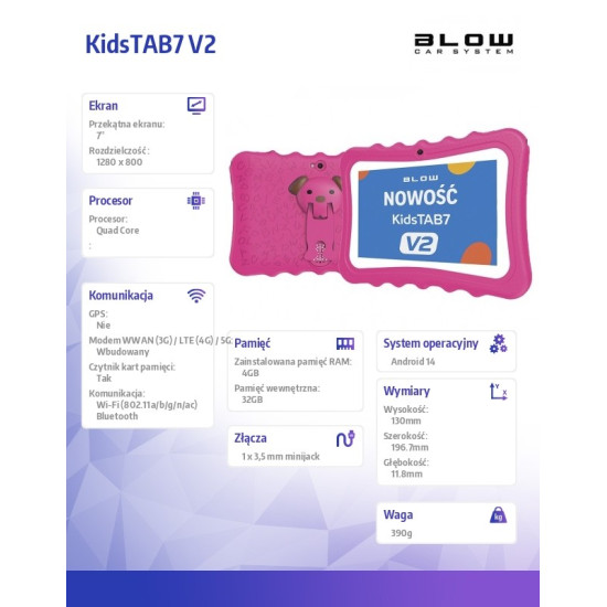 Tablet KidsTAB7 V2 4/32GB różowe etui kamera 2MP