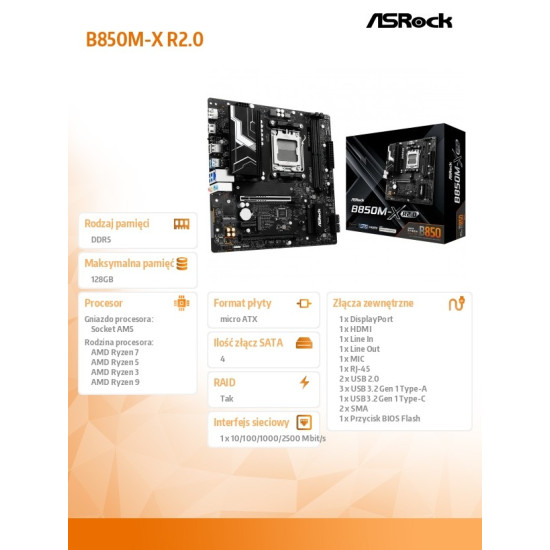 Płyta główna B850M-X R2.0 AM5 2DDR5 M.2 USBC mATX 
