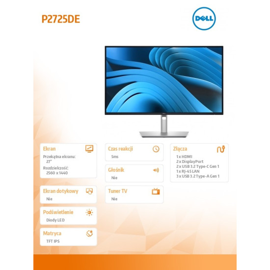 Monitor 27 cali P2725DE IPS QHD LED/RJ45/HDMI/DP/USBC/3Y