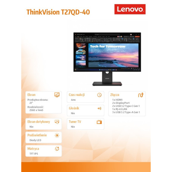 Monitor 27 cali ThinkVision T27QD-40 WLED LCD 64AAGAT2EU