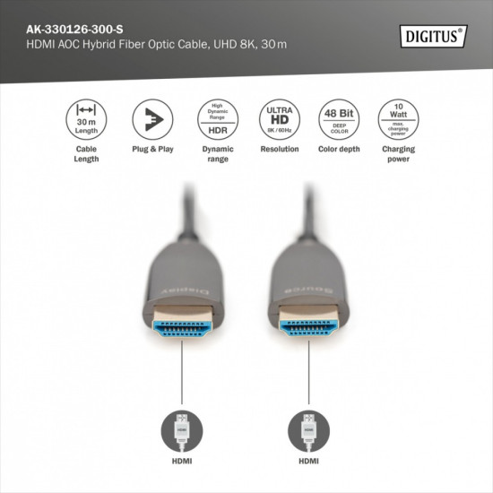 Kabel połączeniowy hybrydowy AOC HDMI 2.1 Ultra High Speed 8K/60Hz UHD HDMI A/HDMI A M/M 30m Czarny