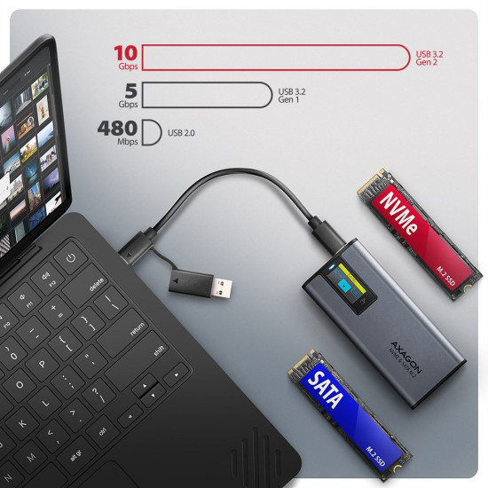 EEM2-SD2 Obudowa zewnętrzna aluminiowa bezśrubowa USB-A/C 3.2 Gen2 M.2 NVMe/SATA display LCD