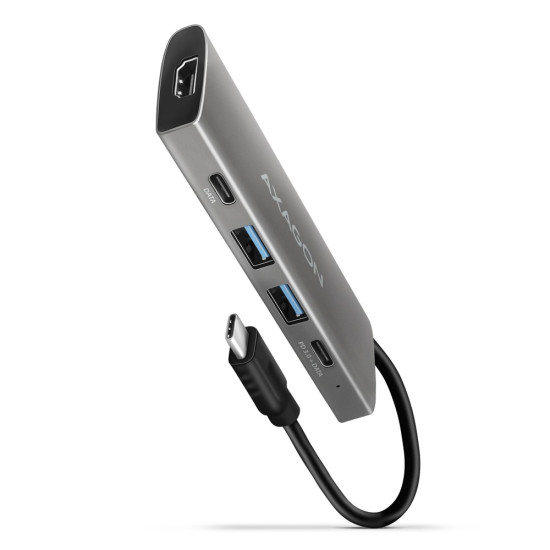 HMC-5G21 Wieloportowy hub USB 5in1, 10Gbps, 2x USB-A + 2x USB-C + HDMI 4K/30Hz, PD 60W, 13cm USB-C kabel