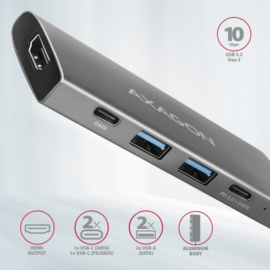 HMC-5G21 Wieloportowy hub USB 5in1, 10Gbps, 2x USB-A + 2x USB-C + HDMI 4K/30Hz, PD 60W, 13cm USB-C kabel