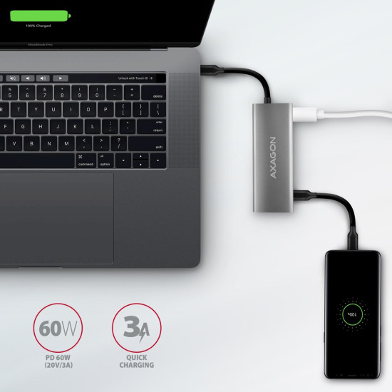 HMC-5G21 Wieloportowy hub USB 5in1, 10Gbps, 2x USB-A + 2x USB-C + HDMI 4K/30Hz, PD 60W, 13cm USB-C kabel