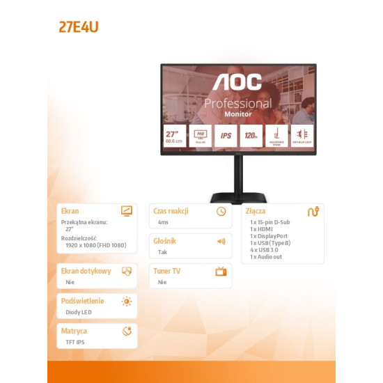 Monitor 27E4U 27 cali IPS 120Hz HDMI DP VGA Pivot 