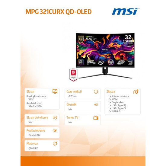 Monitor MPG 321CURX QD-OLED/31.5 cala/LED/UHD/Curv/240/Black 