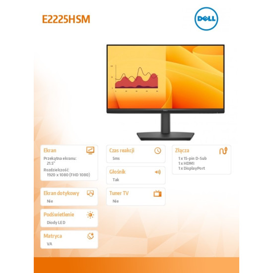 Monitor E2225HSM 21.5 cala LED VA Full HD (1920 x1080)/16:9/DP/HDMI/VGA/Speakers/3Y