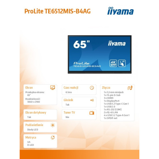 Monitor 65 cali TE6512MIS-B4AG  40pkt,IPS,4K,24/7,7H, ANDROID 14, RK3576, 8/128GB, EDLA, Essential 
