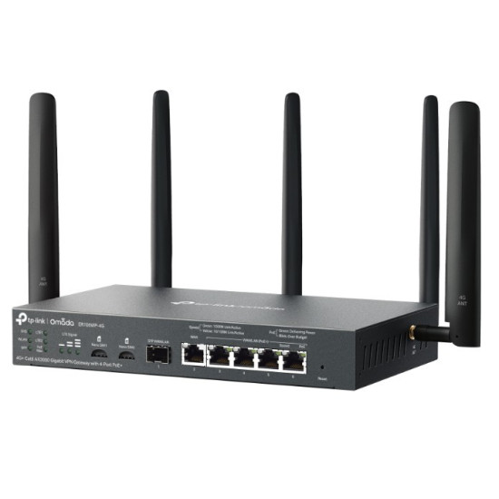 Brama sieciowa gigabitowa ER706WP-4G Omada 4G+ Cat6 AX3000 VPN 4-Port PoE+ 1× Gigabit SFP WAN/LAN, 1× Gigabit RJ45 WAN, 4× Gigabit WAN/LAN ER706WP-4G 