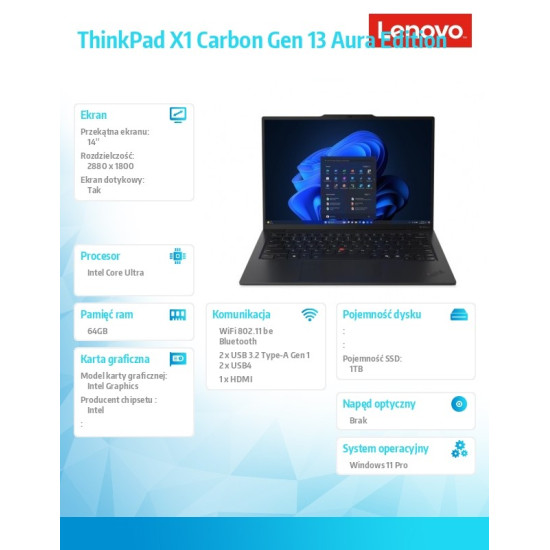 Ultrabook ThinkPad X1 Carbon G13 21NX006PPB W11Pro Ultra 7 265U/64GB/1TB/INT/14.0 2.8K/Touch/Black/vPro/3YRS Premier Support Plus + CO2 Offset 