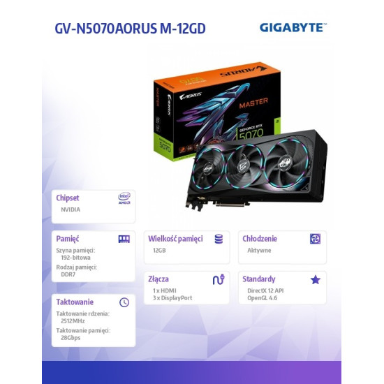 Karta graficzna RTX 5070 AORUS MASTER 12GB GDDR7 192bit HDMI/DP 