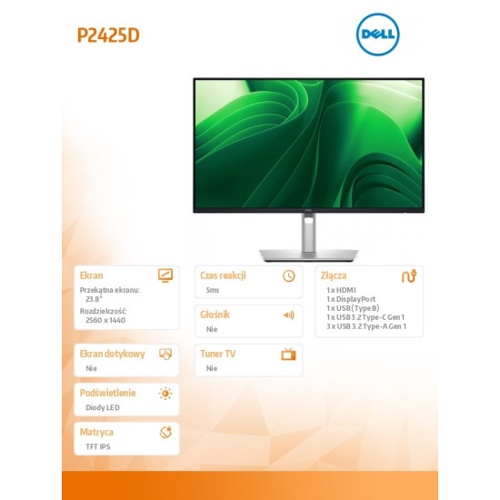 Monitor 23.8 cala P2425D IPS LED  QHD (2560x1440)/16:9/HDMI/DP/USB-C/3xUSB/3Y AES&PPG