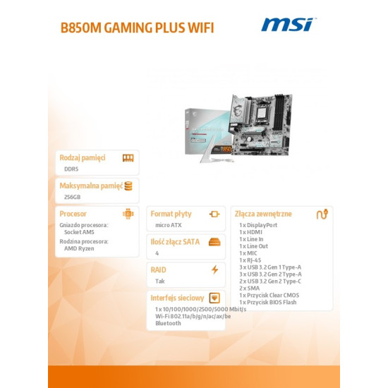 Płyta główna B850M GAMING PLUS WIFI AM5 4DDR5 mATX 