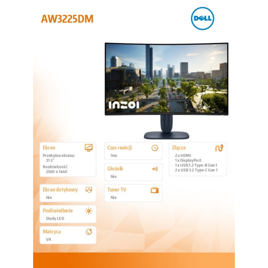 Monitor AW3225DM 31.6 cala Curved NVIDIA G-Sync Compatible 180Hz  VA  QHD (3440x1440)/16:9/DP/2xHDMI/3xUSB 3.2/3Y AES&PPE