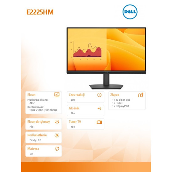 Monitor E2225HM 21.5 cala LED VA Full HD (1920 x1080)/16:9/DP/HDMI/VGA/3Y