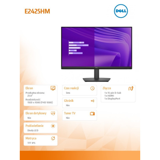 Monitor E2425HM 23.8  cala VA LED Full HD (1920x1080)/16:9/DP/HDMI/VGA/3Y