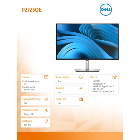 Monitor 27 cali P2725QE IPS LED UHD 4K(3840x 2160)/16:9/HDMI/DP/USB-C/3xUSB/RJ45/3Y