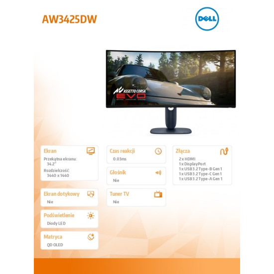 Monitor AW3425DW 34.2 Curved AMD FreeSync QD-OLED 240Hz WQHD (3440x1440)/21:9/1xDP/2xHDMI/1xUSB 3.2/1xUSB-C/3Y AES&PPE