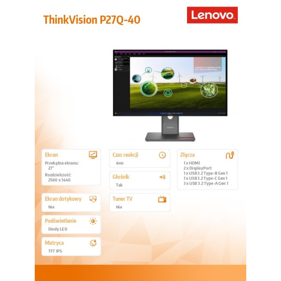 Monitor ThinkVision 27.0 P27Q-40 WLED LCD 64A7GAT6EU 