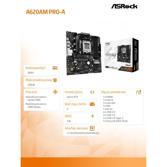 Płyta główna A620AM PRO-A AM5 4DDR5 HDMI M.2 mATX 
