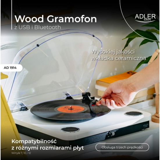 Gramofon AD1914 Biały USB Bluetooth