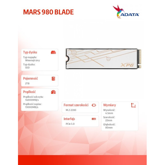 Dysk SSD XPG MARS 980 BLADE 2TB PCIe 5x4 14/13 GB/s M2
