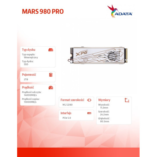 Dysk SSD XPG MARS 980 PRO 2TB PCIe 5x4 14/13 GB/s M2