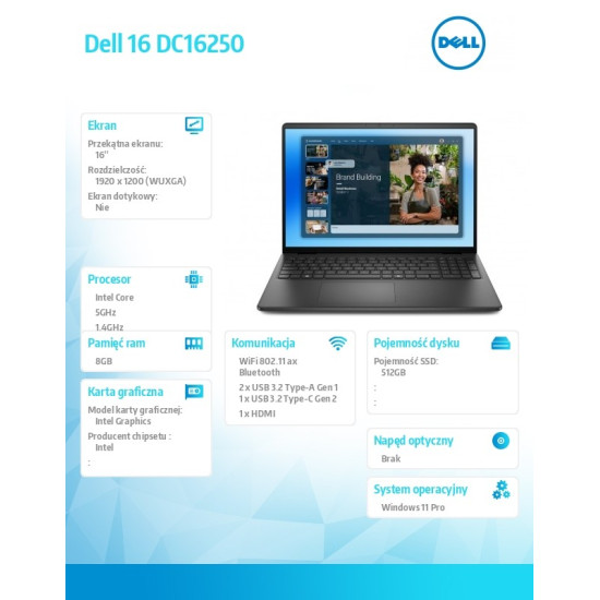 Laptop Dell 16 DC16250 W11P C5 120U/8GB/512GB/16.0 FHD+/Int/FgrPr/WLAN + BT/Backlit Kb/3 Cell/3YPS Carbon Black