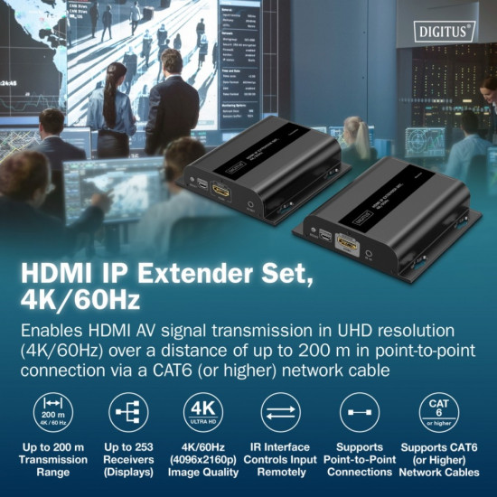 Przedłużacz (extender) po skrętce kat.6 HDMI 4K/60Hz przez IP 1G lub do 120m/200m, max. 253 odbiorniki, sterowanie IR - zestaw (odbiornik/nadajnik)