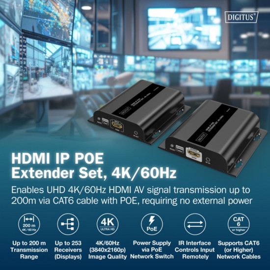 Przedłużacz (extender) po skrętce kat.6 HDMI 4K/60Hz przez IP 1G lub do 120m/200m z PoE, max. 253 odbiorniki, sterowanie IR - zestaw