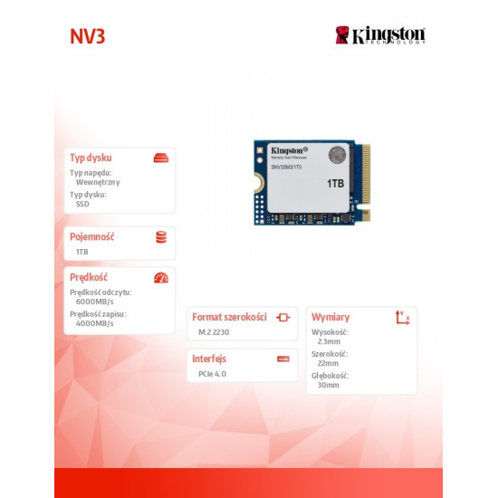 Dysk SSD NV3 1TB M.2 2230 PCI-e 4.0 NVMe 6000/4000