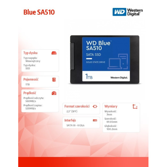 Dysk SSD WD Blue 1TB SA510 2,5 cala WDS100T3B0A
