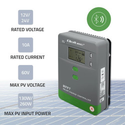 Solarny regulator ładowania MPPT z czujnikiem temperatury 10A |  12V/24V | LCD | 2xUSB | Bluetooth | APP | GEL | LiFePO4 