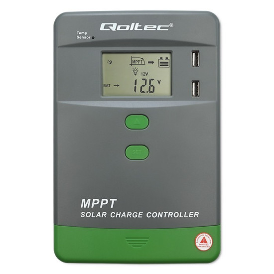 Solarny regulator ładowania MPPT z czujnikiem temperatury 10A |  12V/24V | LCD | 2xUSB | Bluetooth | APP | GEL | LiFePO4 